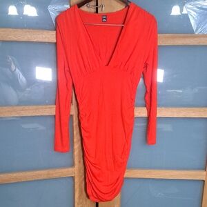SHEIN BAE Plunging Neck Ruched Bodycon Dress in red. Sz Petite L